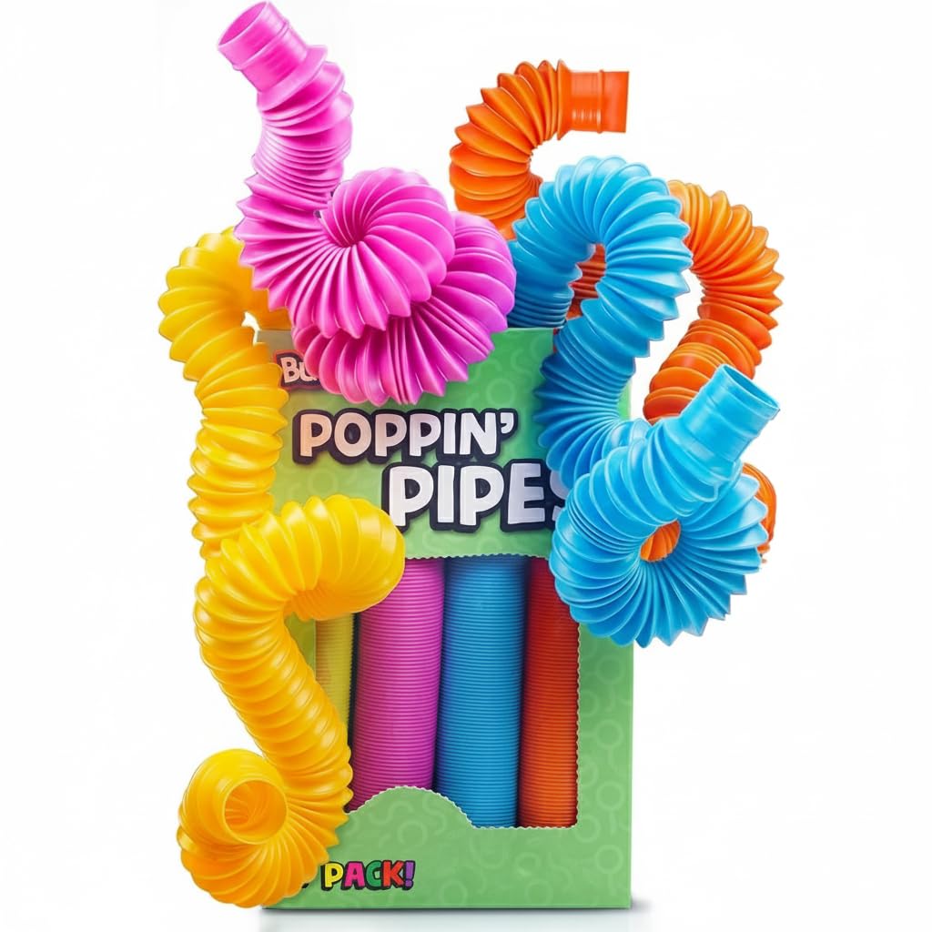 BUNMO Stocking Stuffers for Kids - Pop Tubes - Sensory Toys - Toddler Toys - Imaginative Play & Stimulating Creative Learning - Stocking Stuffers for Toddlers - 4 Pack Large