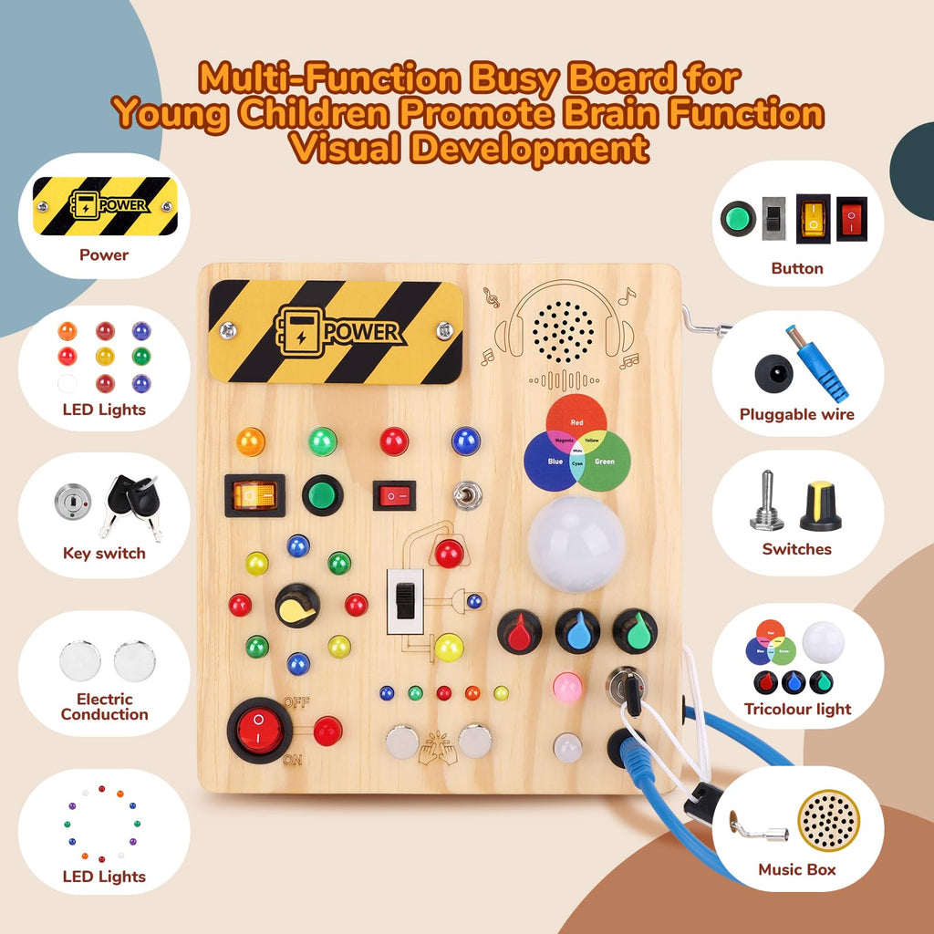 Busy Board,Montessori Toys for 1-3 Year Old Boys & Girls,Travel Educational Learning Activities for Toddlers,Sensory Toy for Kids with Autism (Busy Board v5)