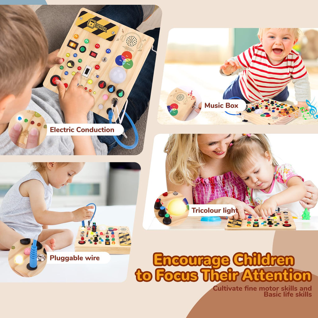 Busy Board,Montessori Toys for 1-3 Year Old Boys & Girls,Travel Educational Learning Activities for Toddlers,Sensory Toy for Kids with Autism (Busy Board v5)