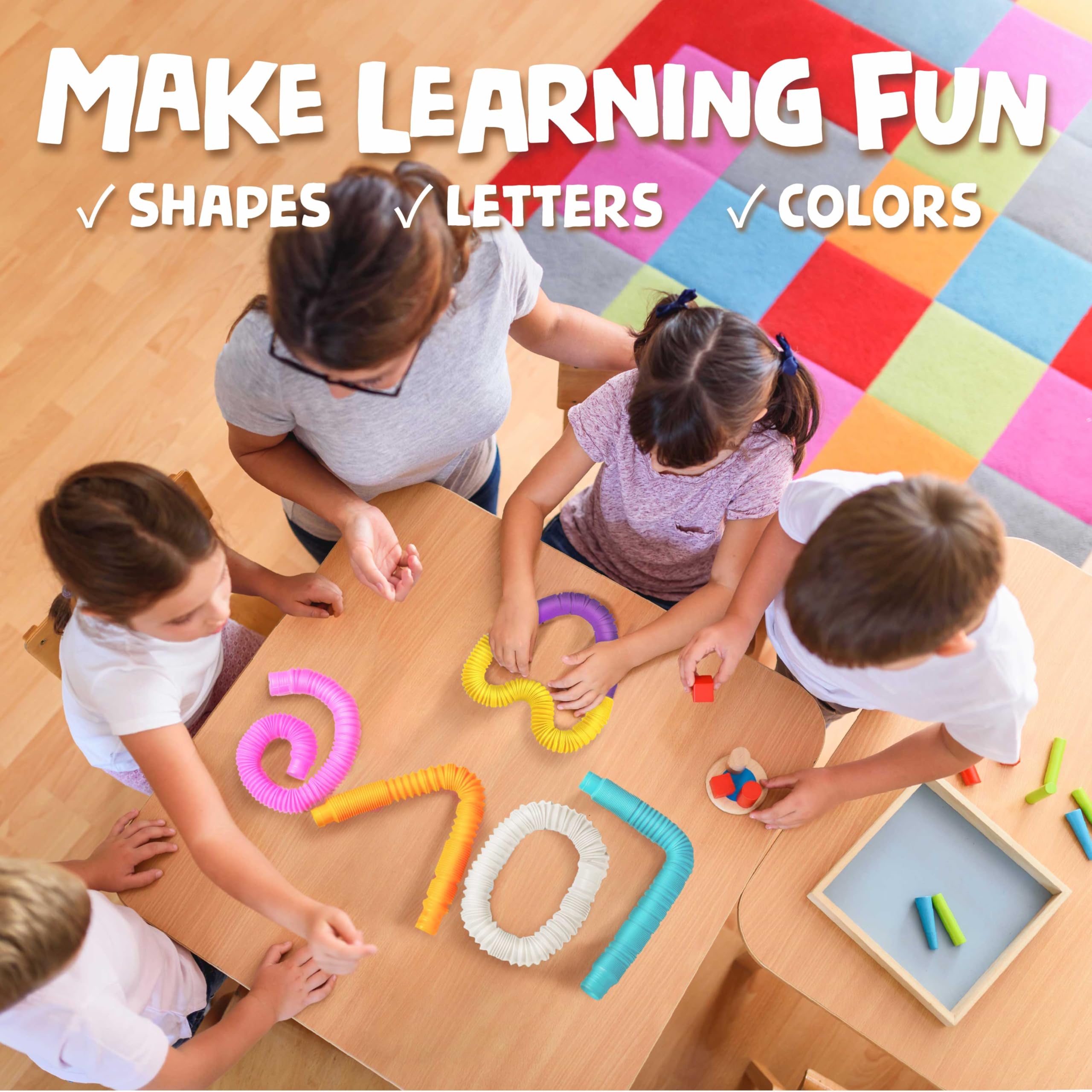 BUNMO Stocking Stuffers for Kids - Pop Tubes - Sensory Toys - Toddler Toys - Imaginative Play & Stimulating Creative Learning - Stocking Stuffers for Toddlers - 4 Pack Large