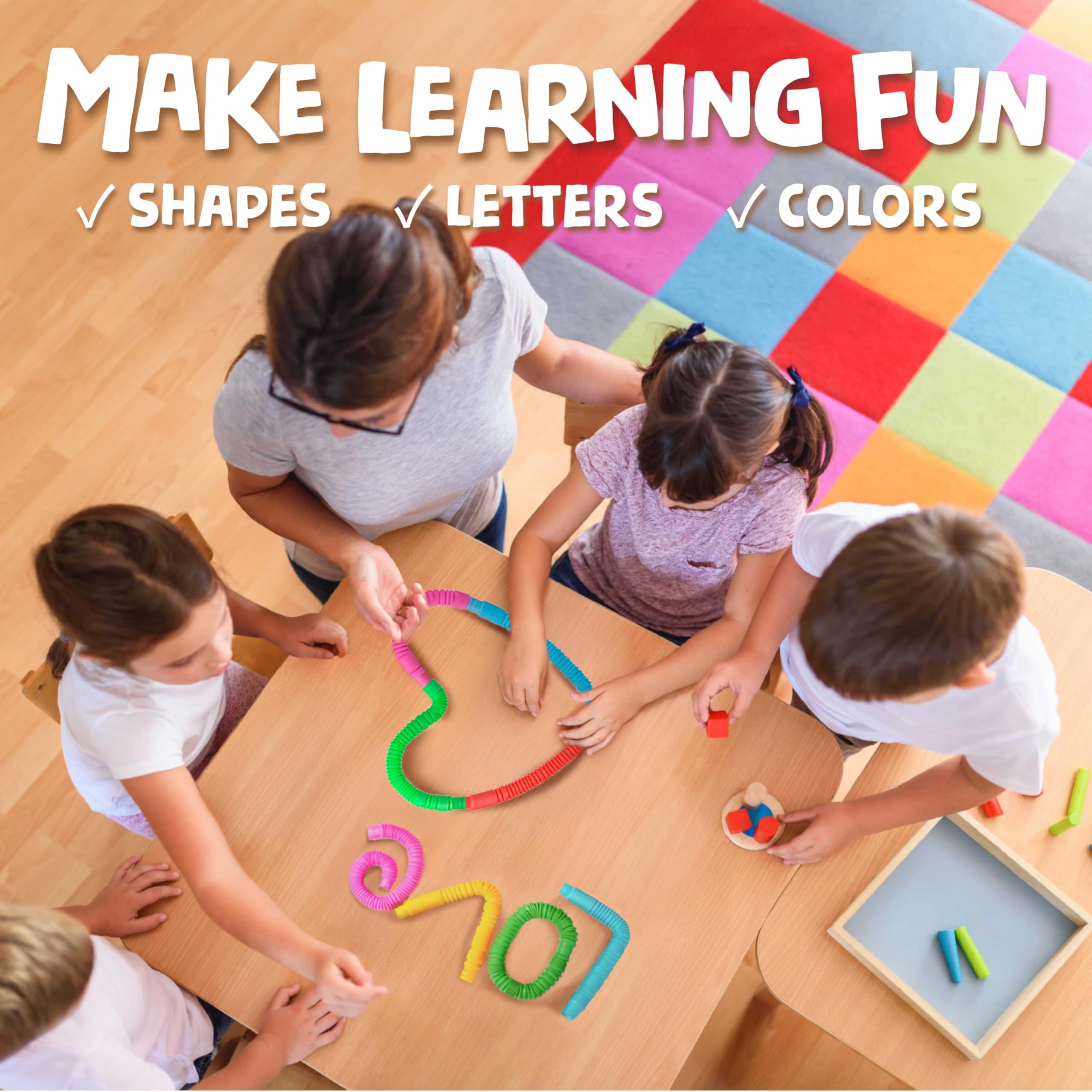 BUNMO Stocking Stuffers for Kids - Pop Tubes - Sensory Toys - Toddler Toys - Imaginative Play & Stimulating Creative Learning - Stocking Stuffers for Toddlers - 4 Pack Large