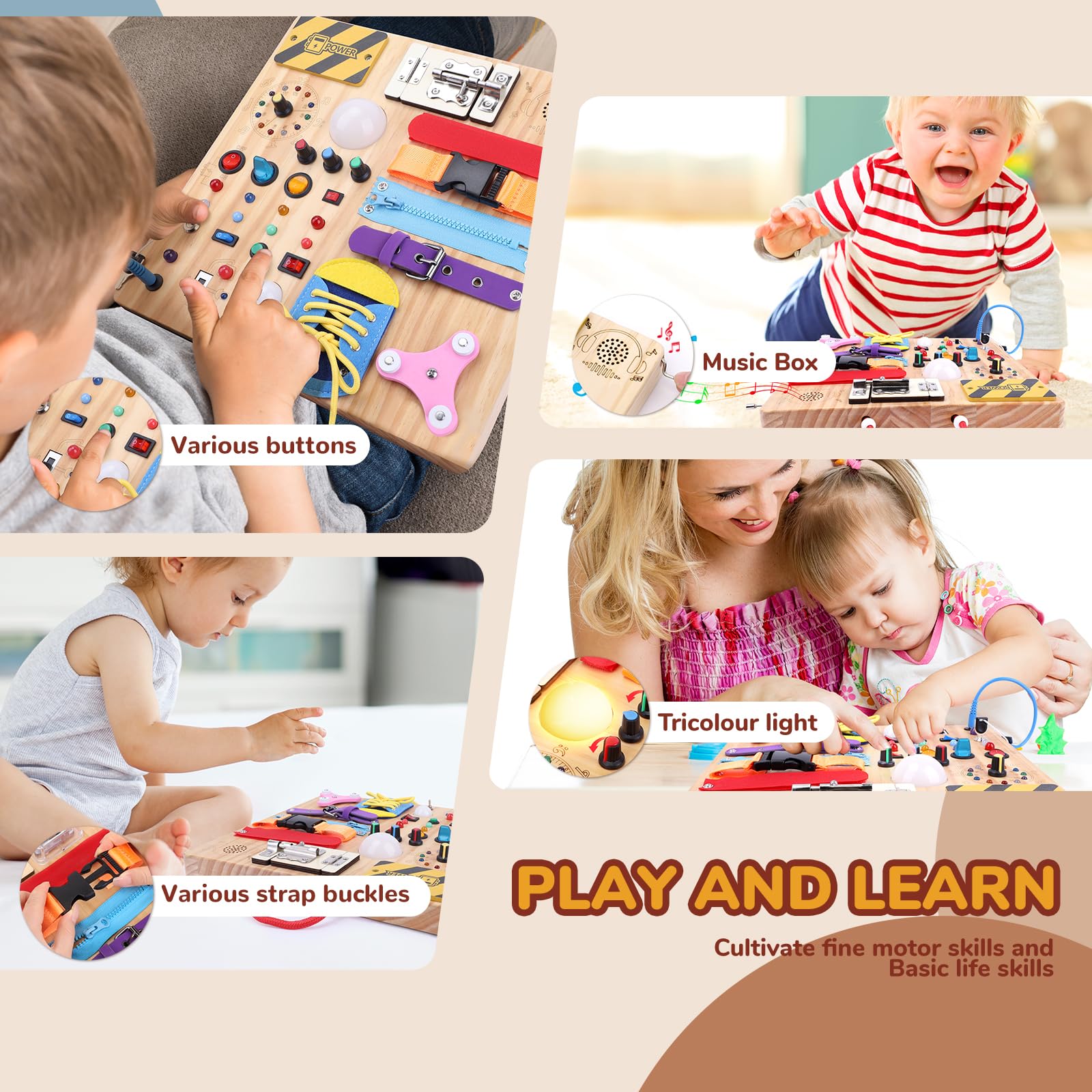 Busy Board,Montessori Toys for 1-3 Year Old Boys & Girls,Travel Educational Learning Activities for Toddlers,Sensory Toy for Kids with Autism (Busy Board v5)