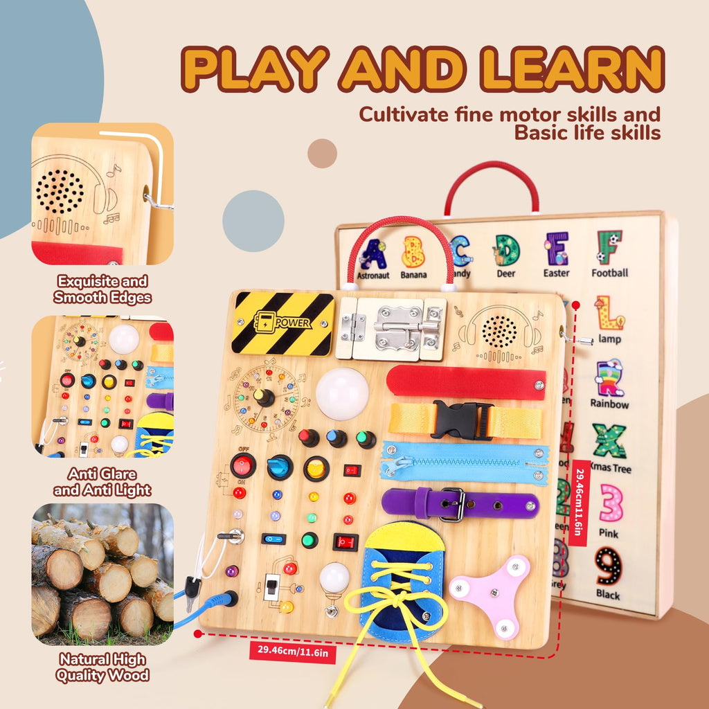 Busy Board,Montessori Toys for 1-3 Year Old Boys & Girls,Travel Educational Learning Activities for Toddlers,Sensory Toy for Kids with Autism (Busy Board v5)