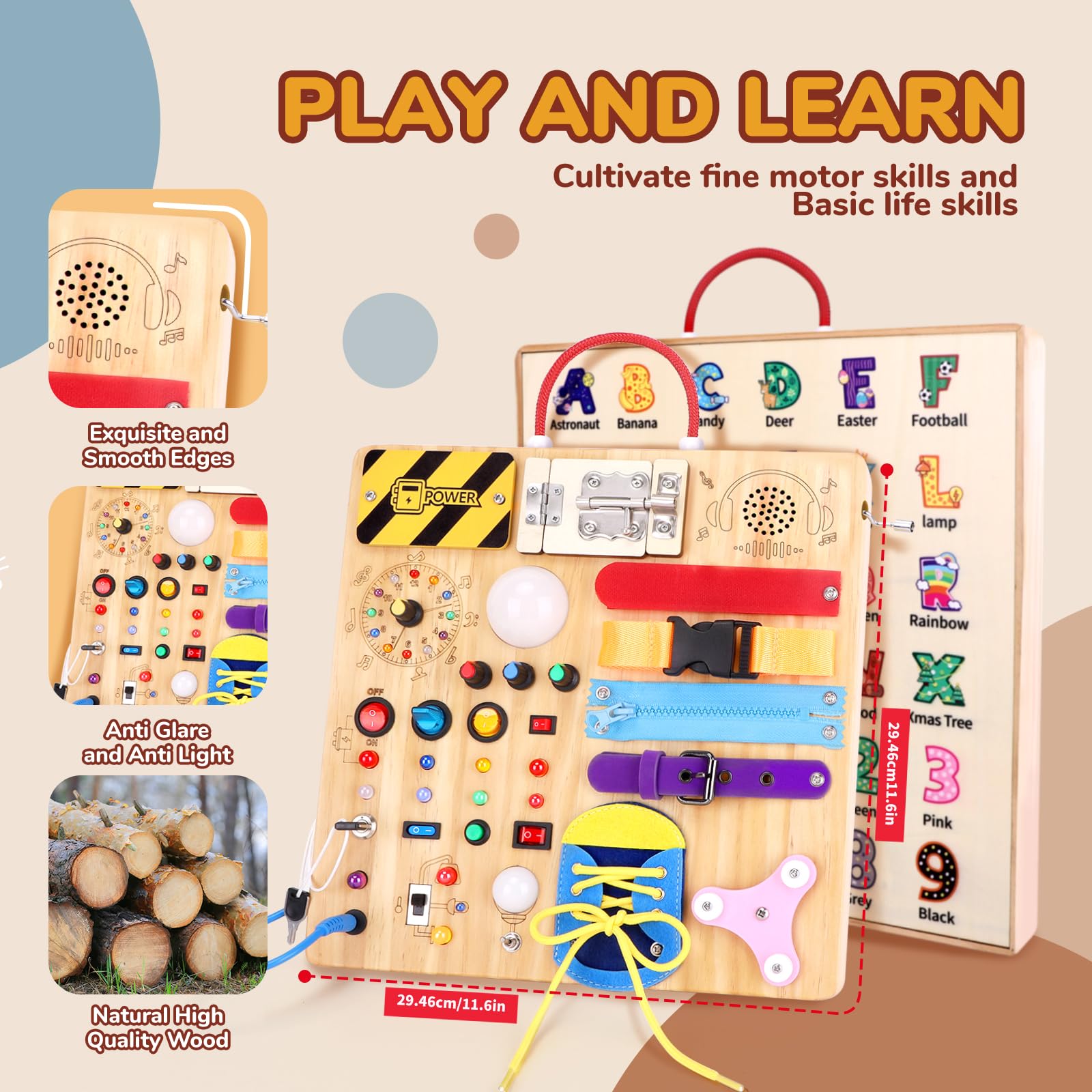 Busy Board,Montessori Toys for 1-3 Year Old Boys & Girls,Travel Educational Learning Activities for Toddlers,Sensory Toy for Kids with Autism (Busy Board v5)